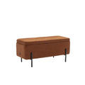 Ottoman rectangulaire en tissu marron avec pieds en métal noir.